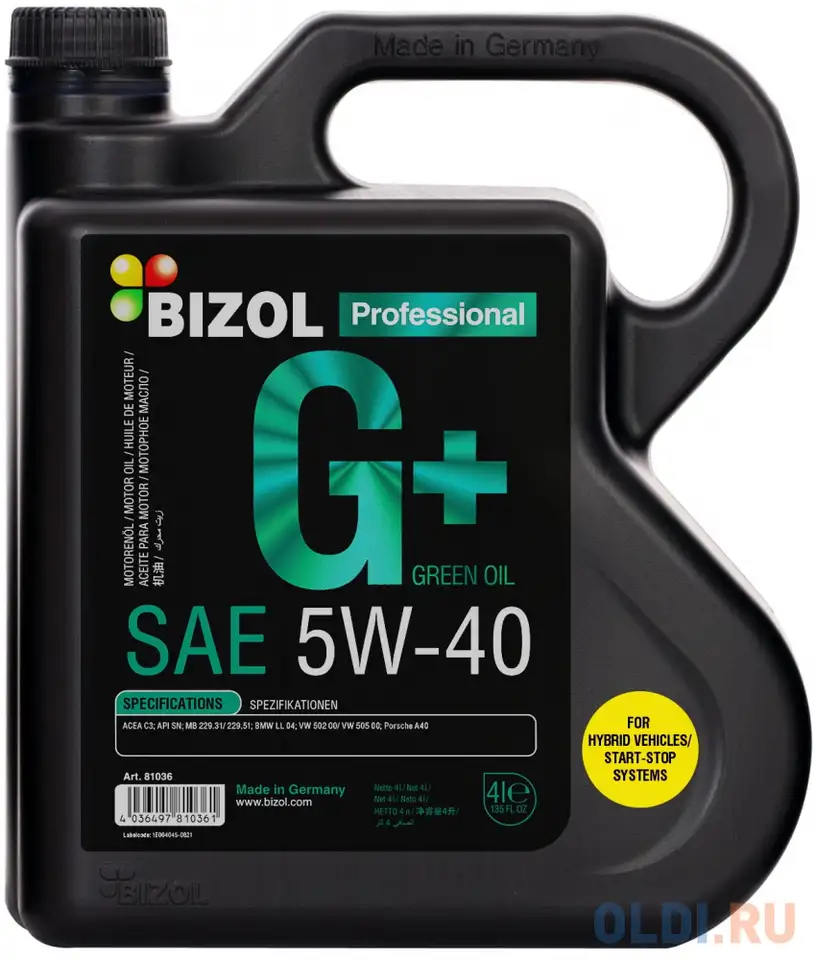 81036 bizol нс-синт. мот.масло green oil+ 5w-40 sn c3 (4л), фотография 1