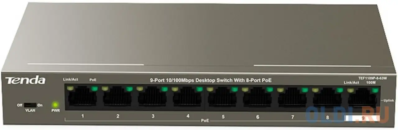 Коммутатор 9port 10/100m poe tef1109p-8-63w tenda, фотография 1