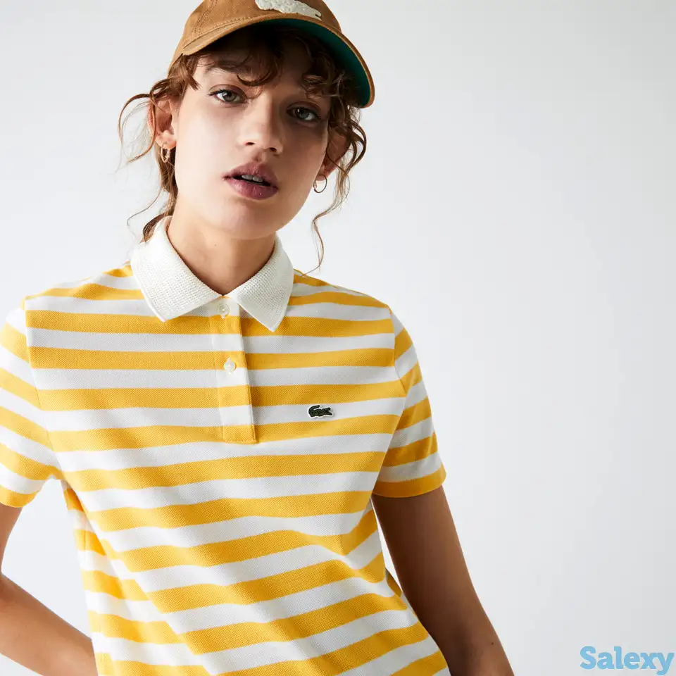 Женская хлопковая рубашка поло в полоску lacoste regular fit воротником, фотография 1