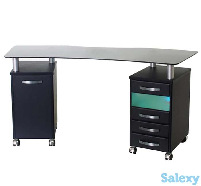 Стол маникюрный с 2 тумбами со стеклянной фигурной столешницей и УФ-блоком, фотография 1