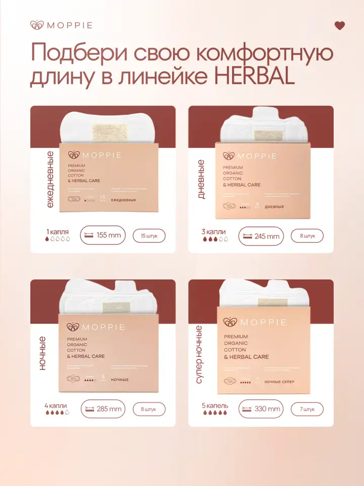 Менструальные прокладки MOPPIE HERBAL CARE, органические с профилактирующей полоской, 330мм, 5 капель, фотография 8