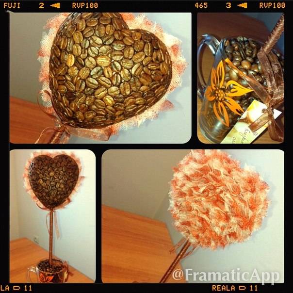 Топиарий из кофейных зерен сердце шар елочка на заказ ручной работы, фотография 4