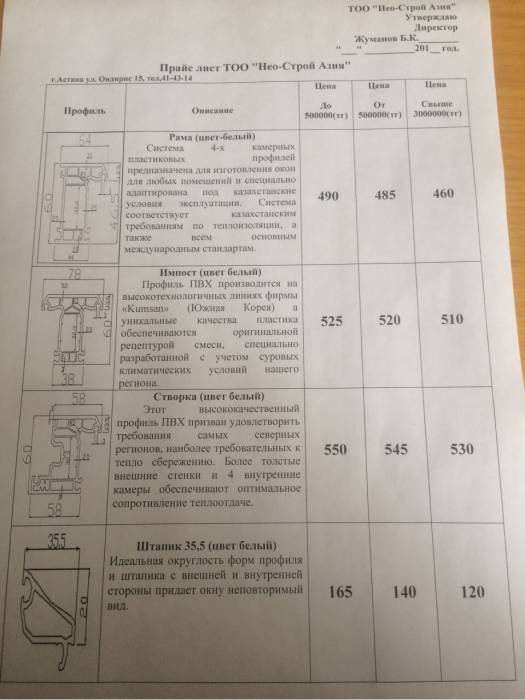 Прайс лист ТОО 