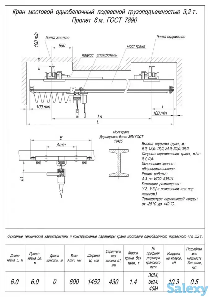 Кран балка подвесная г/п 3,2т пролет 6м, фотография 1