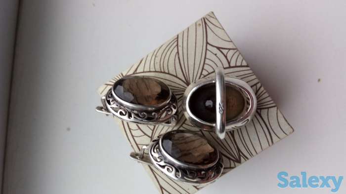 серебряный набор (серьги и кольцо /18) чайный топаз, фотография 3