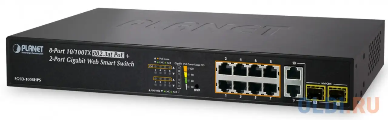 8-port 10/100tx 802.3at high power poe +  2-port gigabit tp/sfp, фотография 1