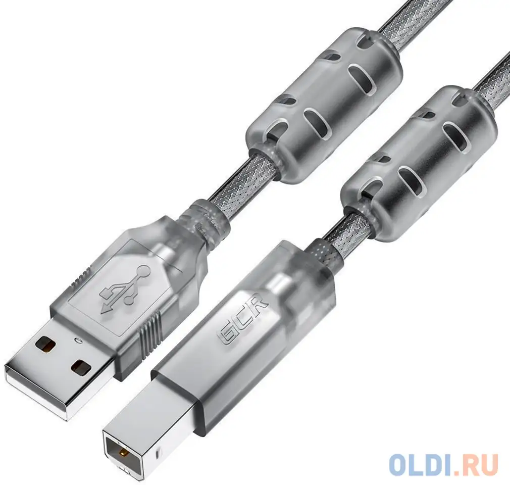 Gcr кабель prof 3.0m usb 2.0, am/bm, прозрачный, ферритовые кольца, 28/24, фотография 1
