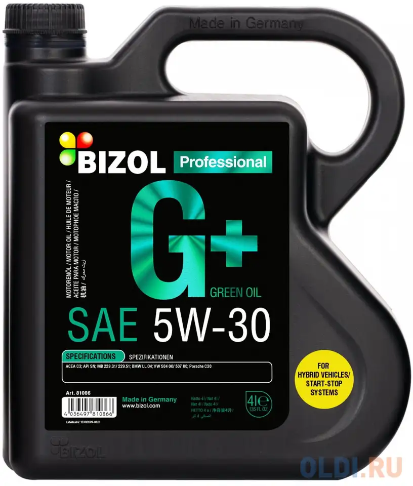 81086 bizol синт. мот.масло green oil+ 5w-30 (4л), фотография 1