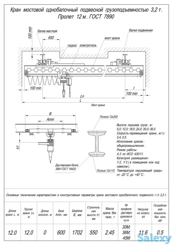 Кран балка подвесная г/п 3,2т пролет 12м, фотография 1