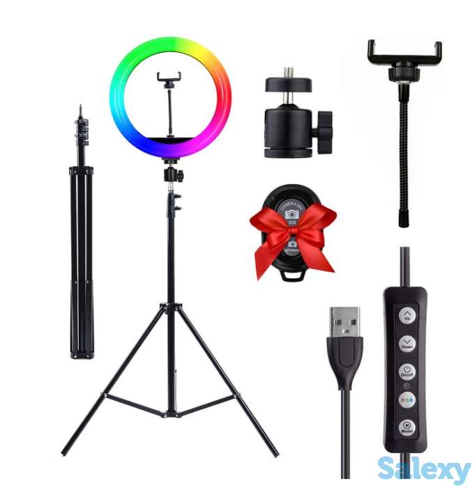 Продам кольцевую лампу ЦВЕТНАЯ 26 см со штативов 2 м. + Bluetooth пульт в подарок, RGB LED MJ26, фотография 1