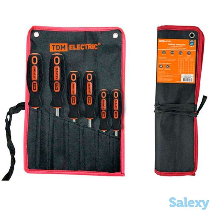Набор отверток 6 шт.: sl:3х75;5х100;6х125, ph:0х75;1х75;2х100 cr-v алмаз tdm (тканевый чехол), фотография 1