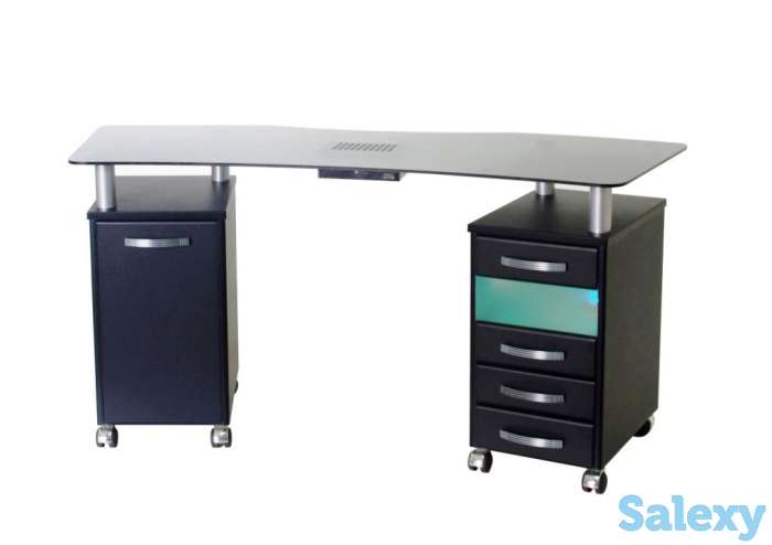 Стол маникюрный с 2 тумбами со стеклянной фигурной столешницей, УФ-блоком и вытяжкой, фотография 1