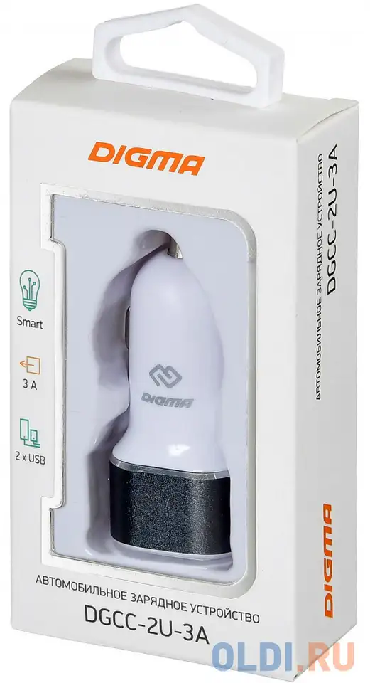 Автомобильное зарядное устройство digma dgcc-2u-3a-wg 3 а белый, фотография 1