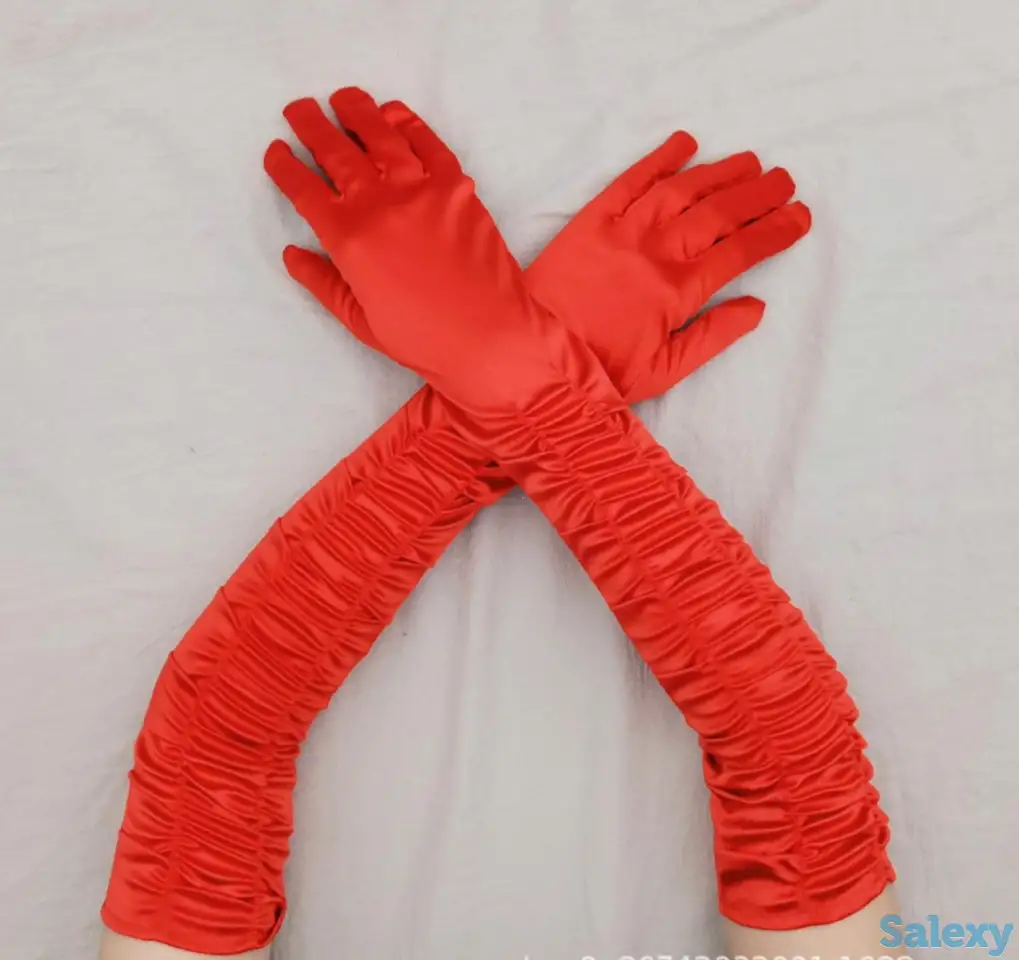 Перчатки атласные длинные со сборкой в Алматы. В наличии. Доставка, фотография 8