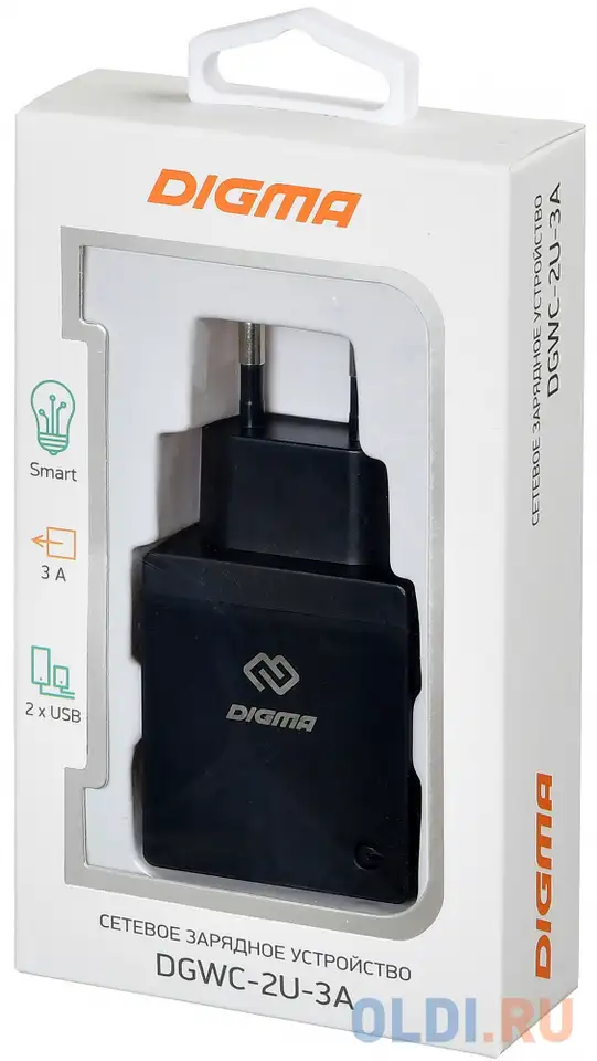 Сетевое зарядное устройство digma dgwc-2u-3a-bk 3 а черный, фотография 1
