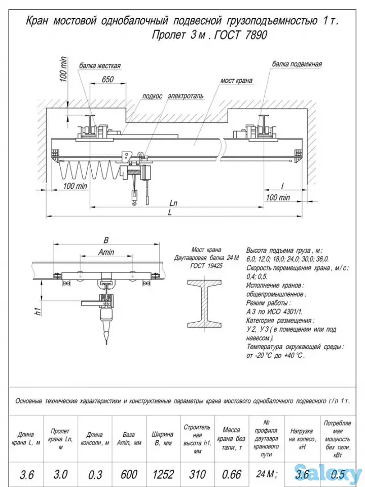 Кран балка подвесная г/п 1т пролет 3м, фотография 1