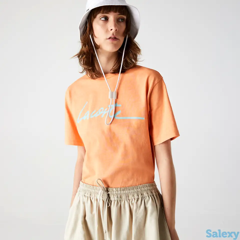 Женская хлопковая футболка lacoste с круглым вырезом и надписью, фотография 1