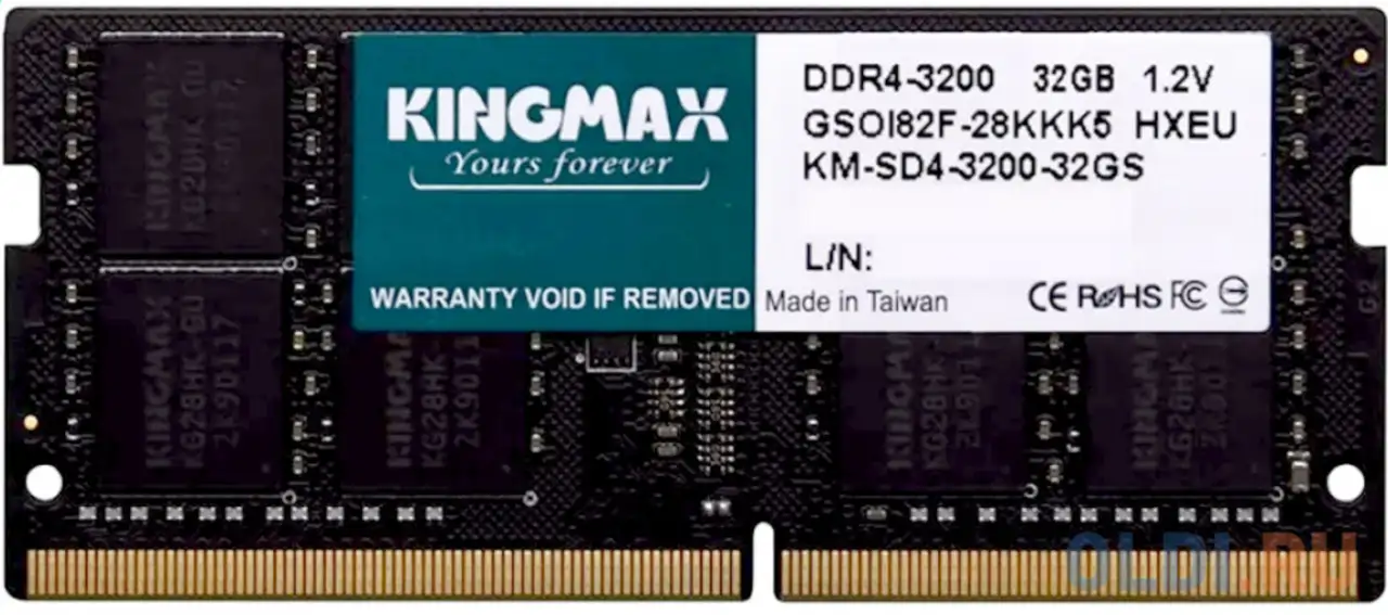 Память ddr4 32gb 3200mhz kingmax km-sd4-3200-32gs rtl pc4-25600 cl22 so-dimm 260-pin, фотография 1
