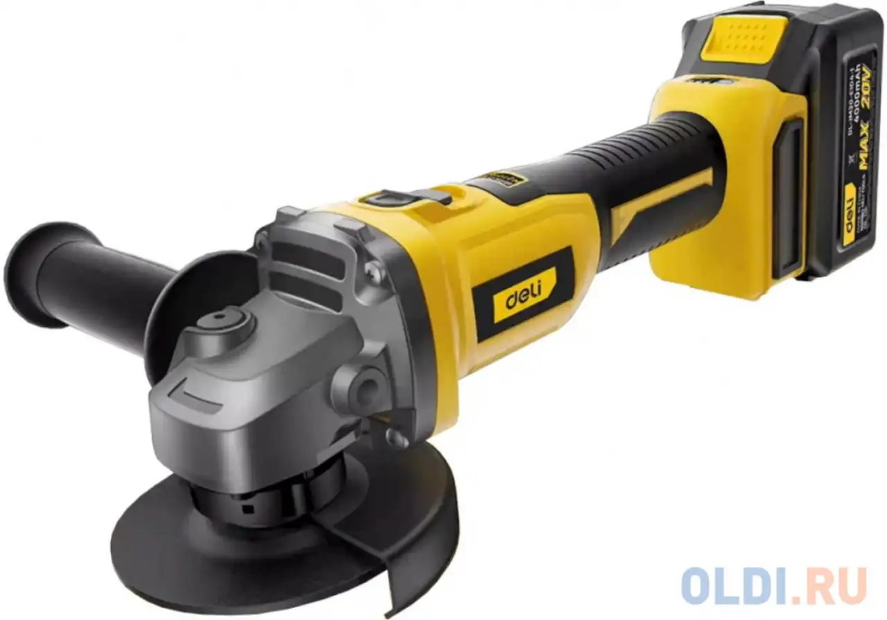 Угловая шлифмашина аккумуляторная deli dl-jm20-e1d4 (1акб+зу, 20в, 4а*ч, 100мм, 3500/6000/8500об/мин, фотография 1