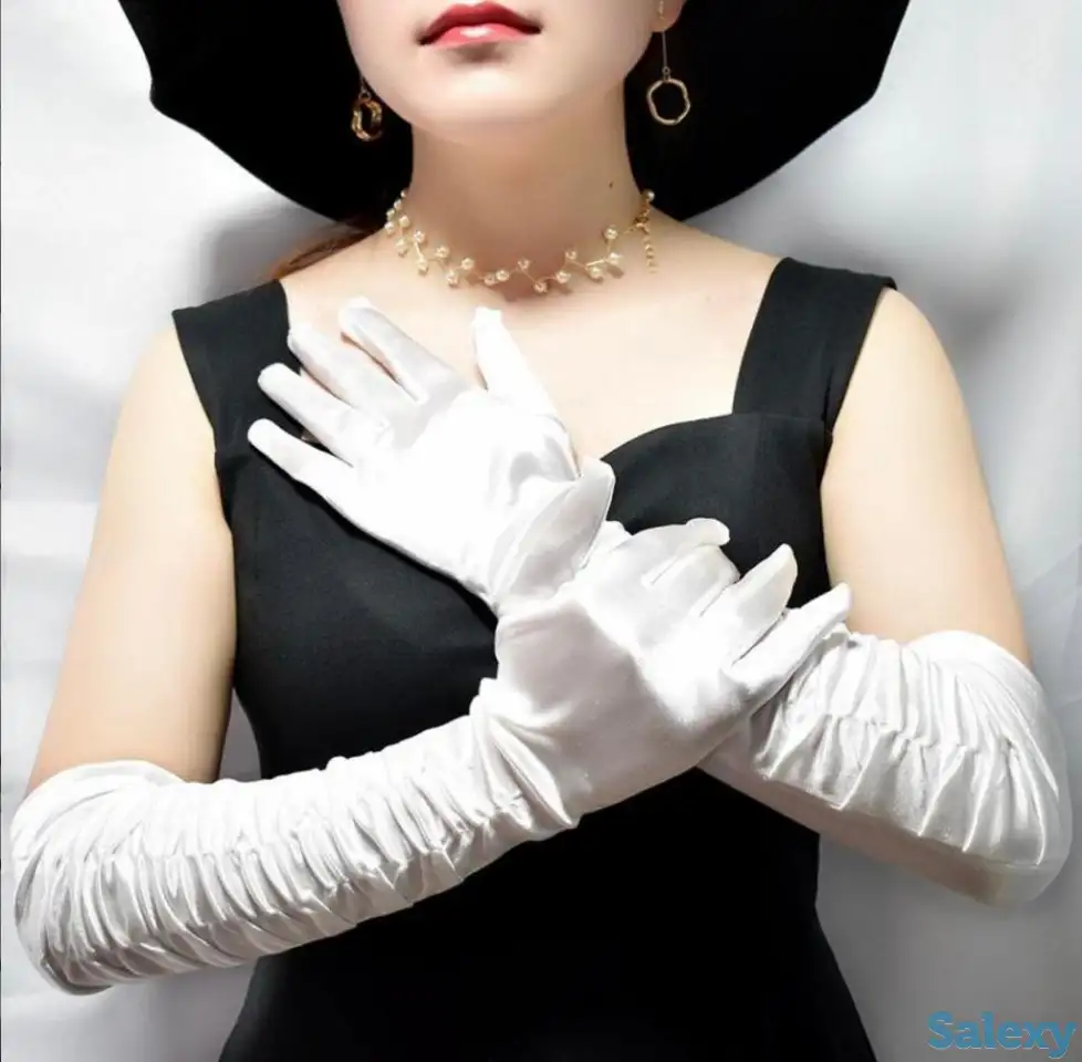 Перчатки атласные длинные со сборкой в Алматы. В наличии. Доставка, фотография 5