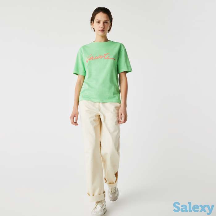 Женская хлопковая футболка lacoste с круглым вырезом и надписью, фотография 3