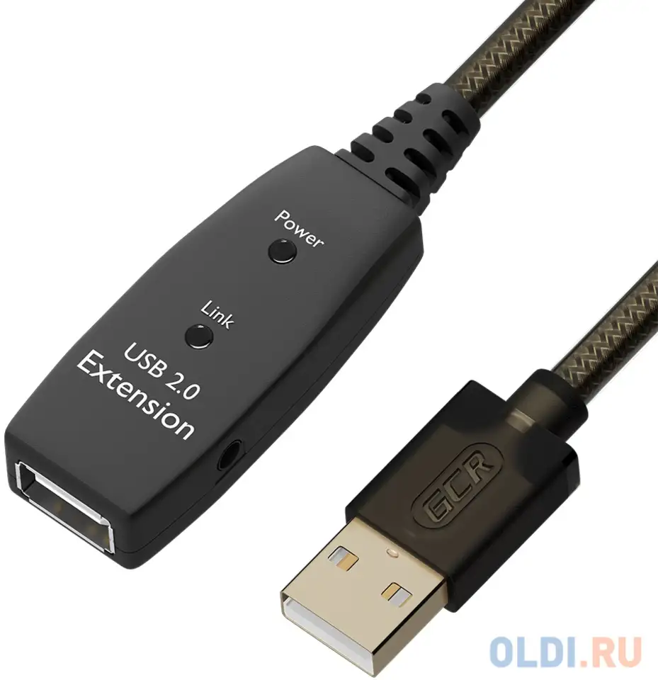 Gcr удлинитель активный 10.0m usb 2.0, am/af, gold, черно-прозрачный, с усилителем, фотография 1