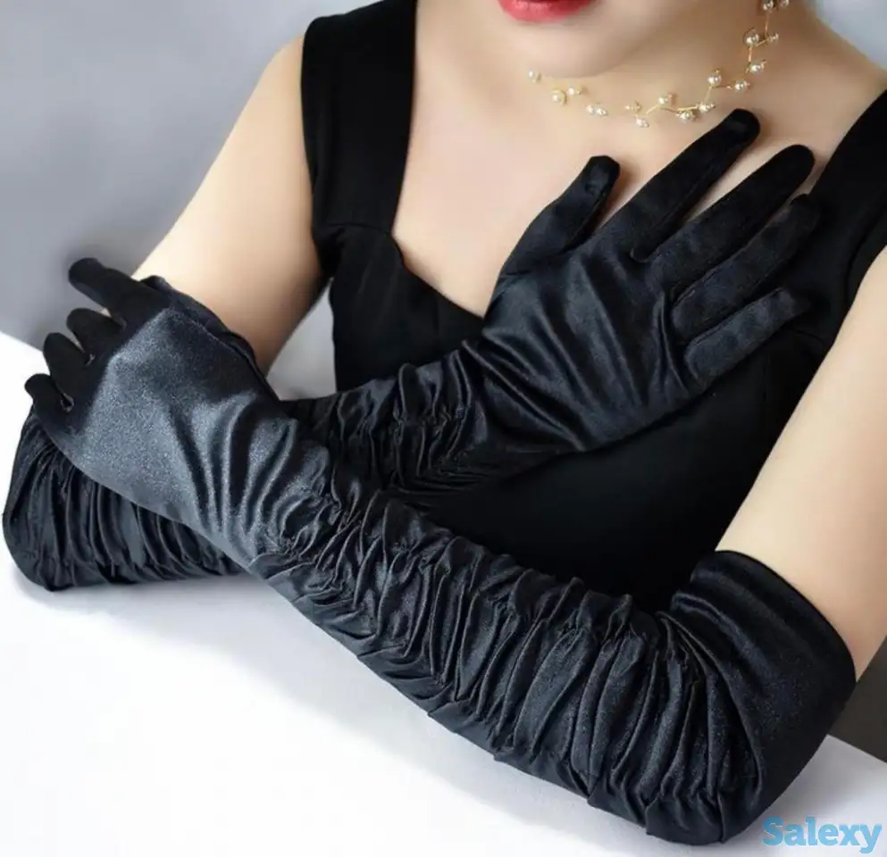 Перчатки атласные длинные со сборкой в Алматы. В наличии. Доставка, фотография 7