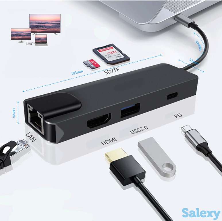 Продам мультифункциональный хаб / конвертер Type C (USB / HDMI / RJ45 / PD / SD / TF), модель BYL-2017, фотография 1