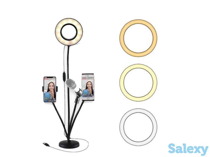 Продам кольцевую лампу + два держателя для телефона + держатель для микрофона на гибких ножках для стрима, мобильной фот, фотография 1