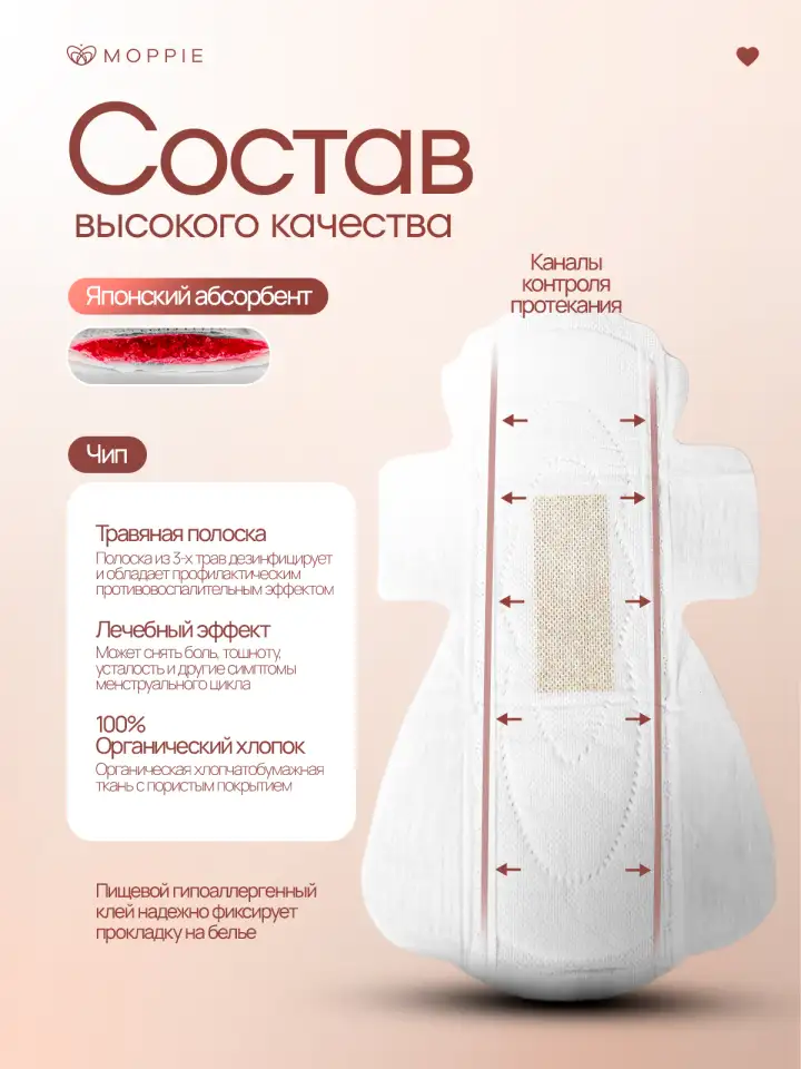 Менструальные прокладки MOPPIE HERBAL CARE, органические с профилактирующей полоской, 330мм, 5 капель, фотография 2