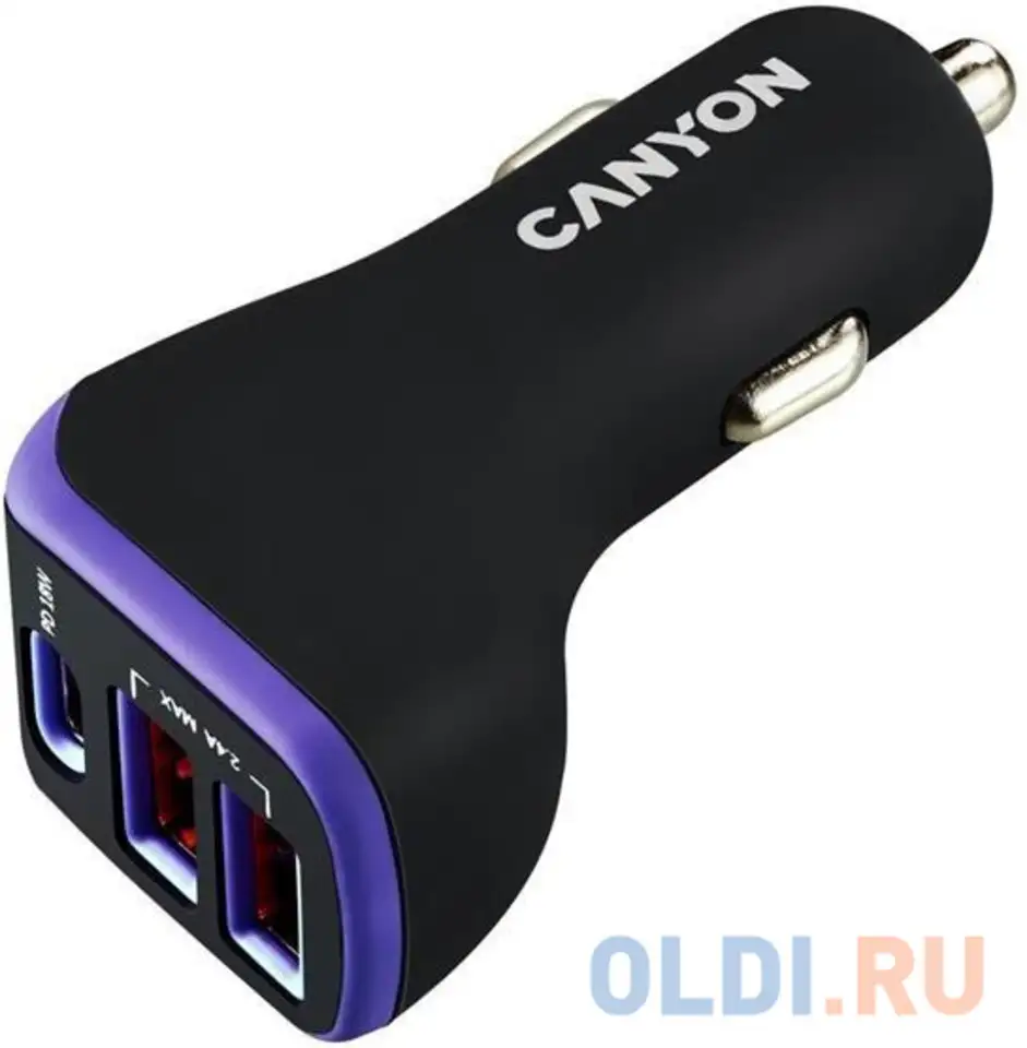 Автомобильное зарядное устройство canyon cne-cca08pu 2.4а 2 х usb usb-c черный, фотография 1