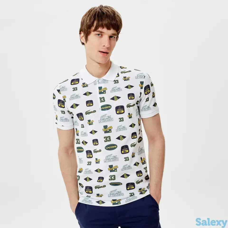 Белая мужская рубашка-поло lacoste slim fit с принтом, фотография 1