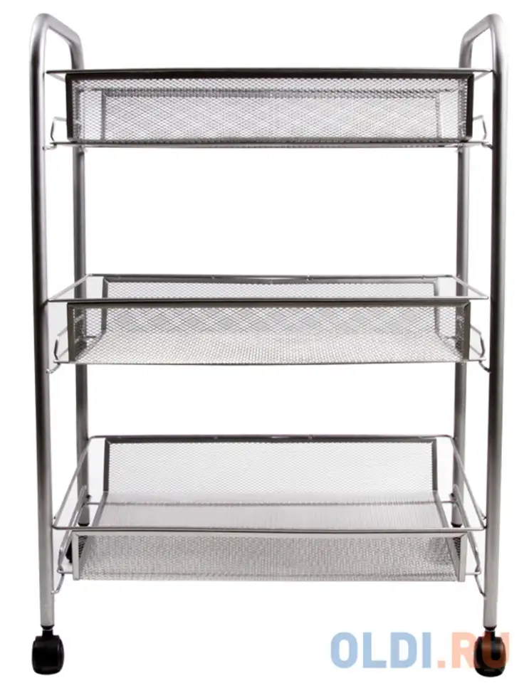 Этажерка (тележка) brabix офисно-бытовая 3 яруса, на колесах, металл, серебристая, 43,5х26х62,5, фотография 1