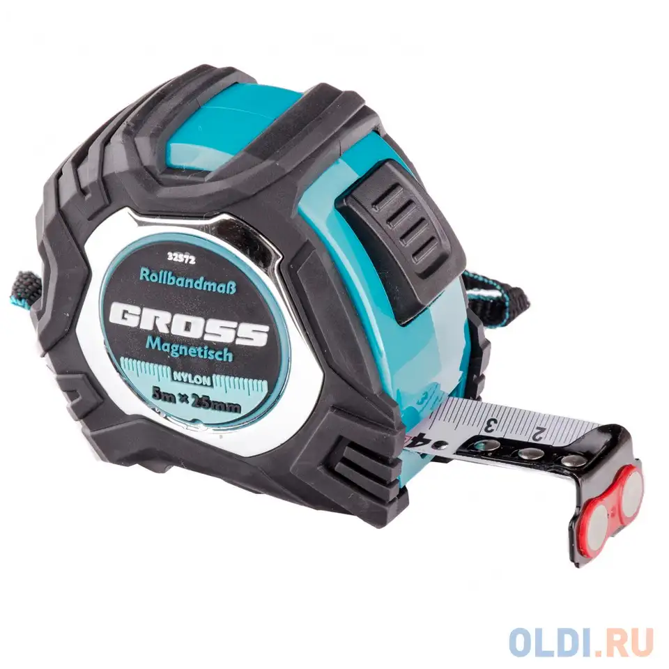 Рулетка magnetisch, 5м х 25мм, обрезин. корпус,автоматич. фиксация, нейлон. покр.,магн.зацеп// gross, фотография 1
