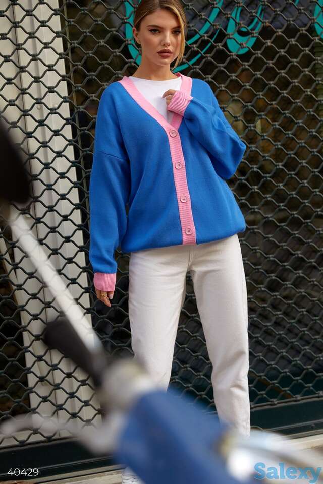 Синий кардиган с розовой окантовкой, фотография 1