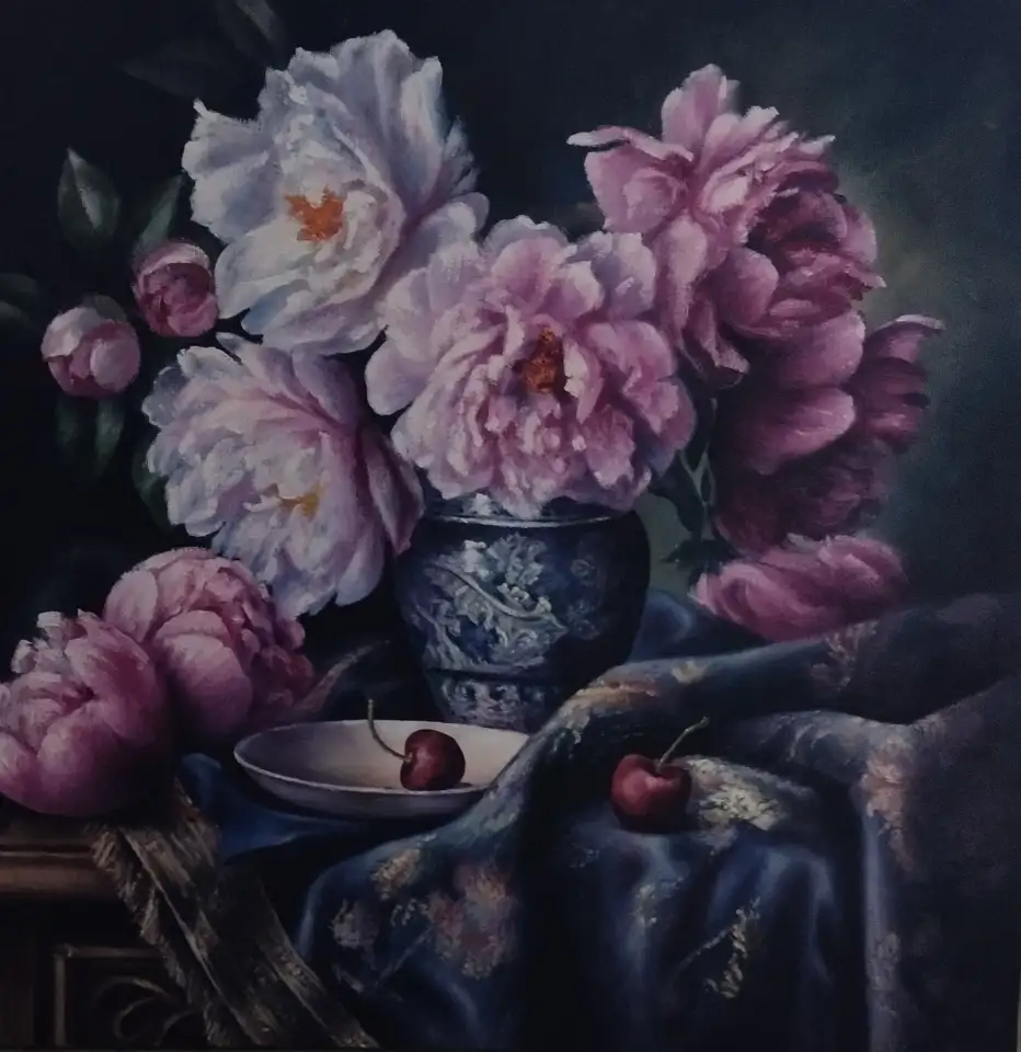 Продается картина натюрморт Винтажный гобелен с пионами, фотография 1