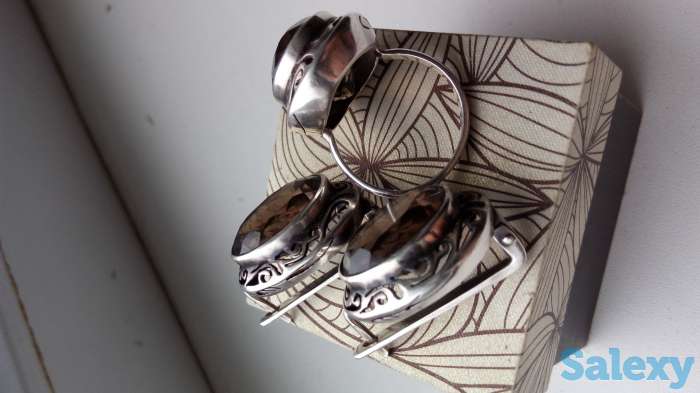 серебряный набор (серьги и кольцо /18) чайный топаз, фотография 4